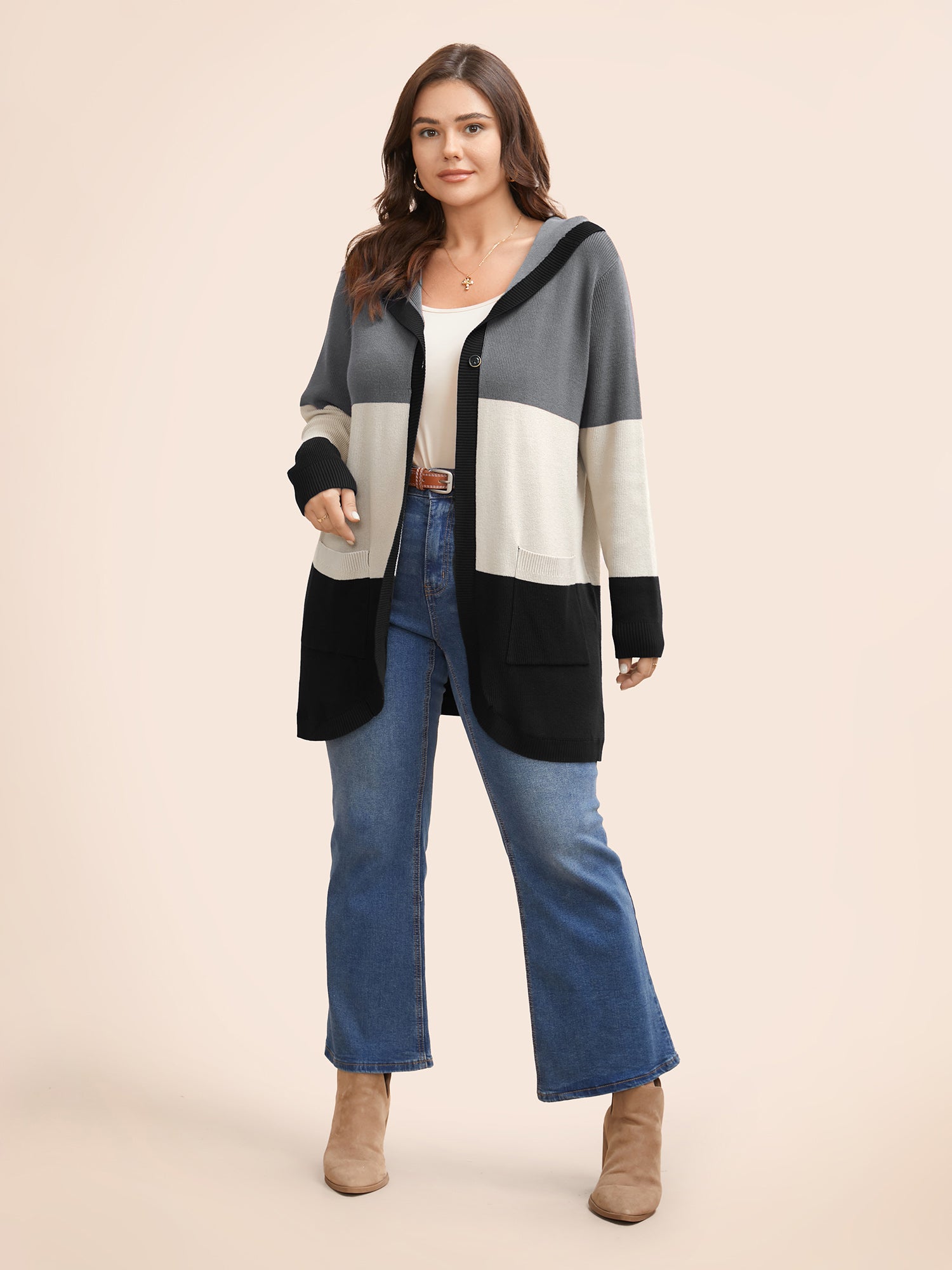 Colorblock Contrast Patched Pocket Hooded Cardigan