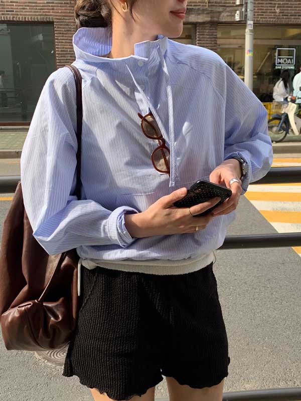 Long Sleeves Loose Drawstring Pockets Striped Sun Protection Stand Collar Outerwear Sweatshirt Tops