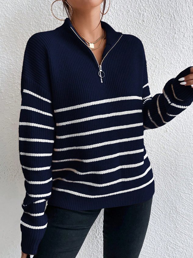 Casual Striped Zipper Shawl Collar Sweater