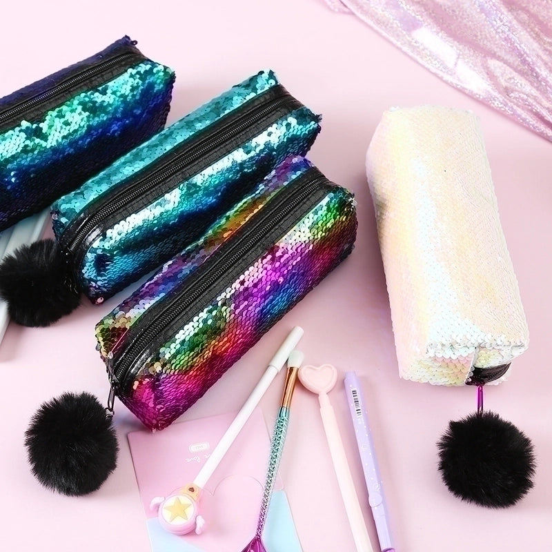 Fashion New Fur Ball Sequins Cosmetic Pencil Case Mermaid Storage Bag