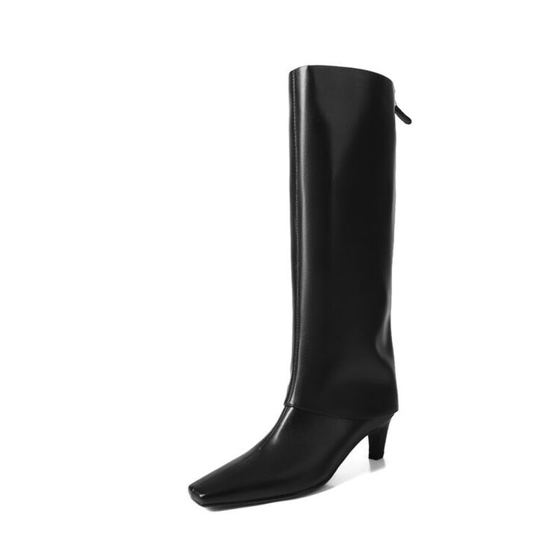 Genuine Leather Square Toe Kitten Heel Knee High Boots For Women In Black/Red