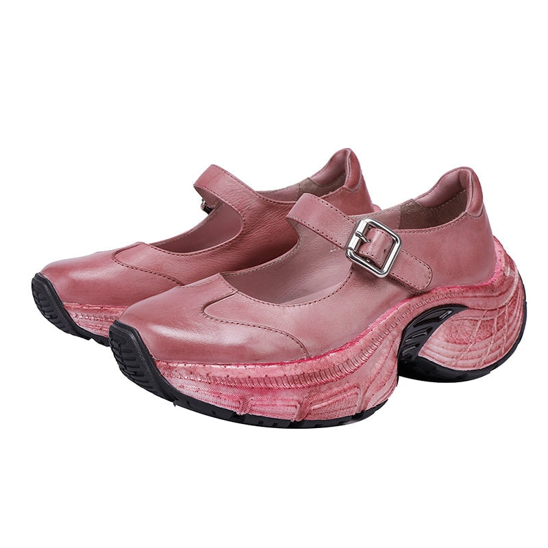 Chunky Platform Water Washed Cow Leather Mary Jane Shoes with Buckle Strap in Light Grey/Pink Purple