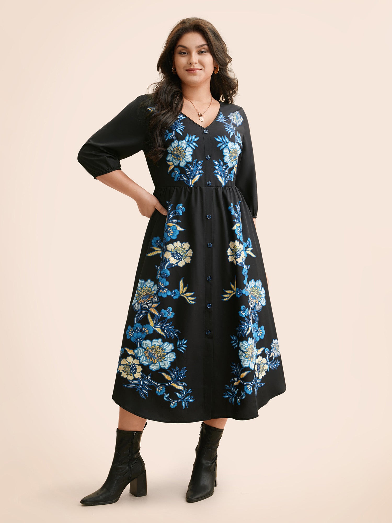 Boho Print Lantern Sleeve Midi Dress
