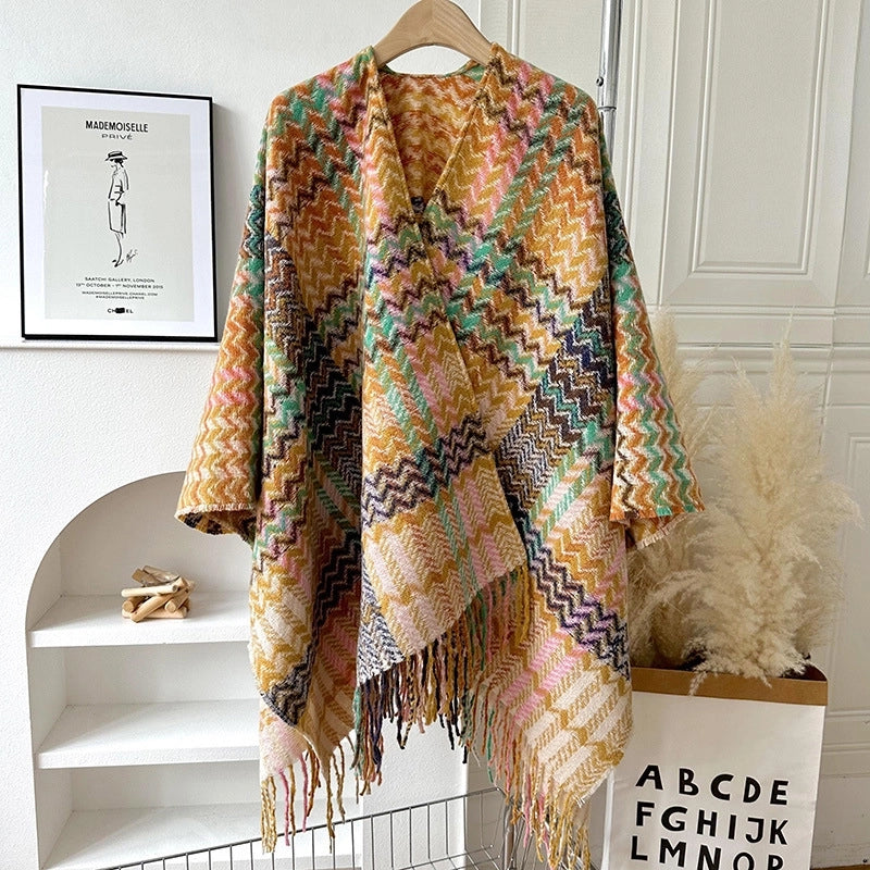 Travel Outside Knitted Shawl Ethnic Style Vintage Cape Cloak Tassel Scarf For Vacation Wear