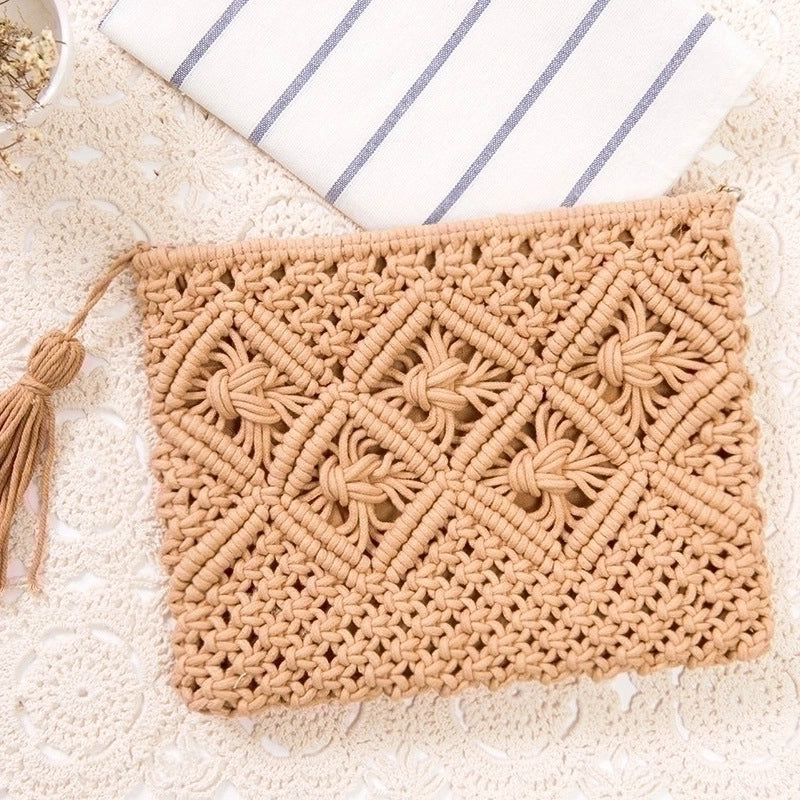 Women's Medium Cotton Rope Solid Color Vintage Style Square Zipper Crossbody Bag Straw Bag