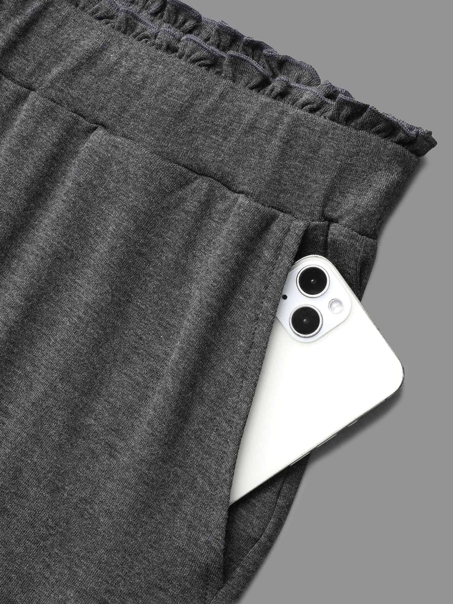 Button-Front Ruffled Waist Stretchy Pants