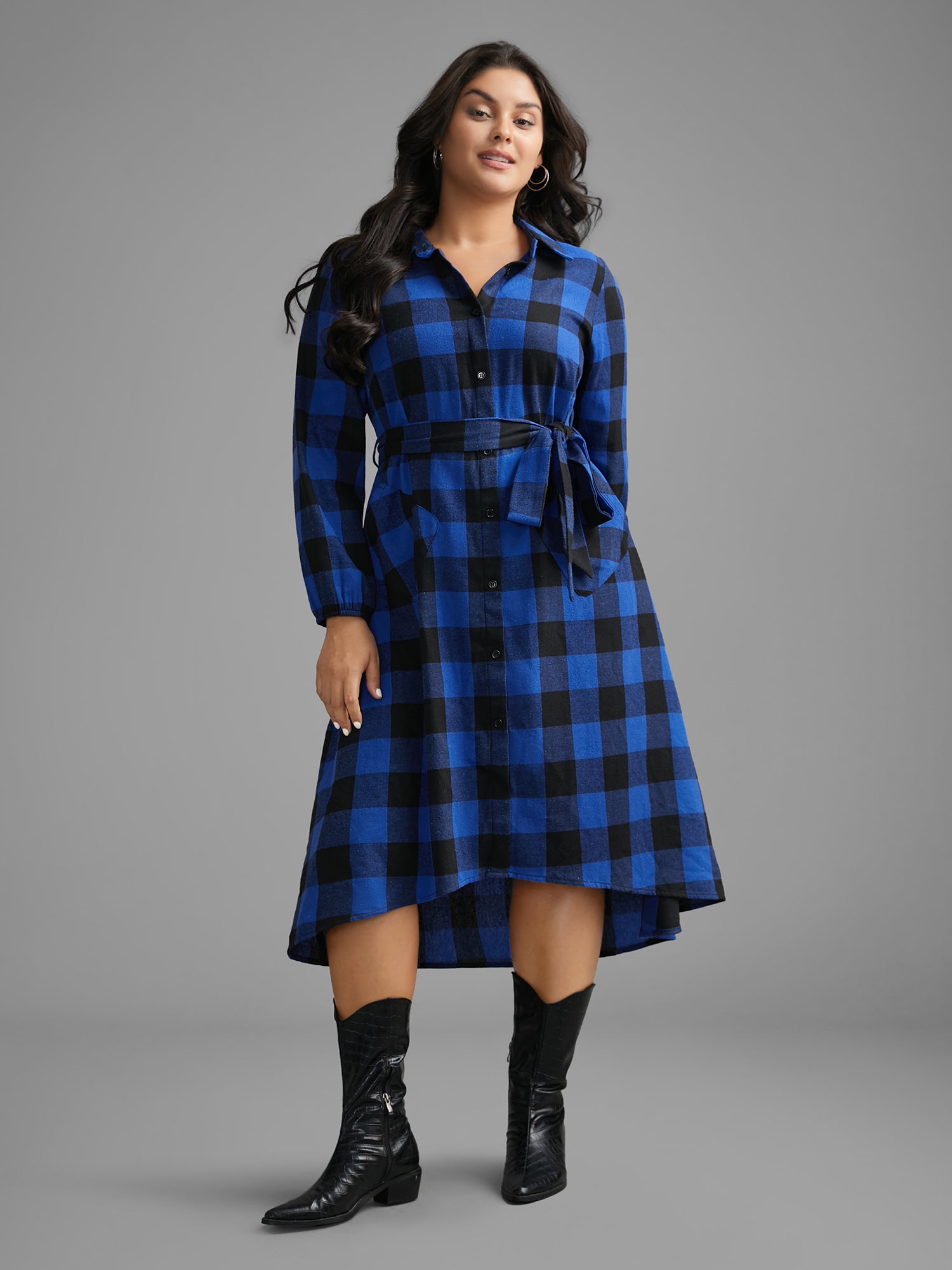 Plaid Patch Pocket Belted Midi Dress