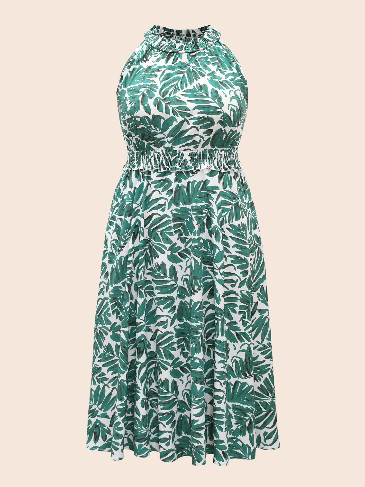Tropical Print Shirred Frill Trim Sleeveless Dress
