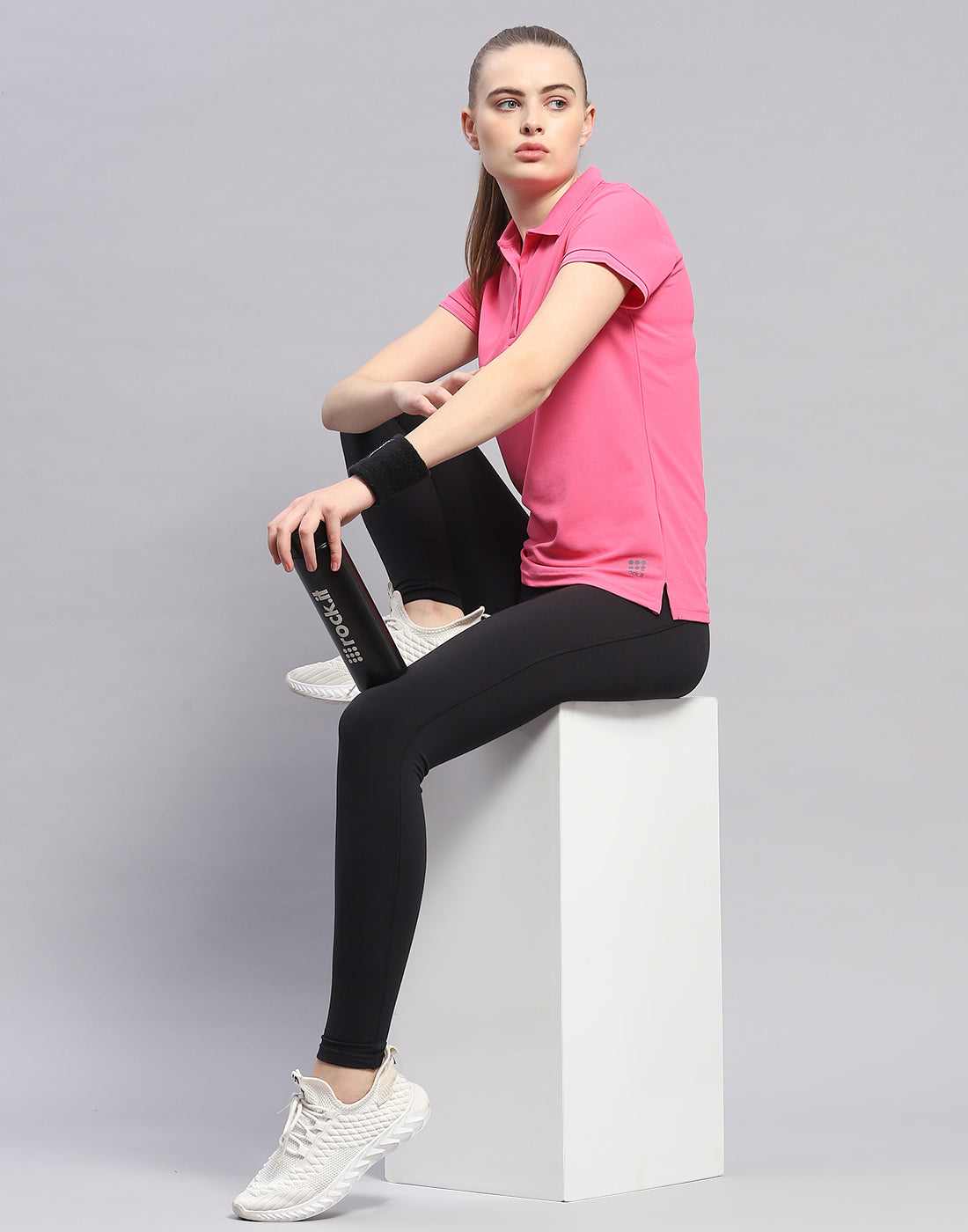 Women Pink Solid Polo Collar Half Sleeve T-Shirt