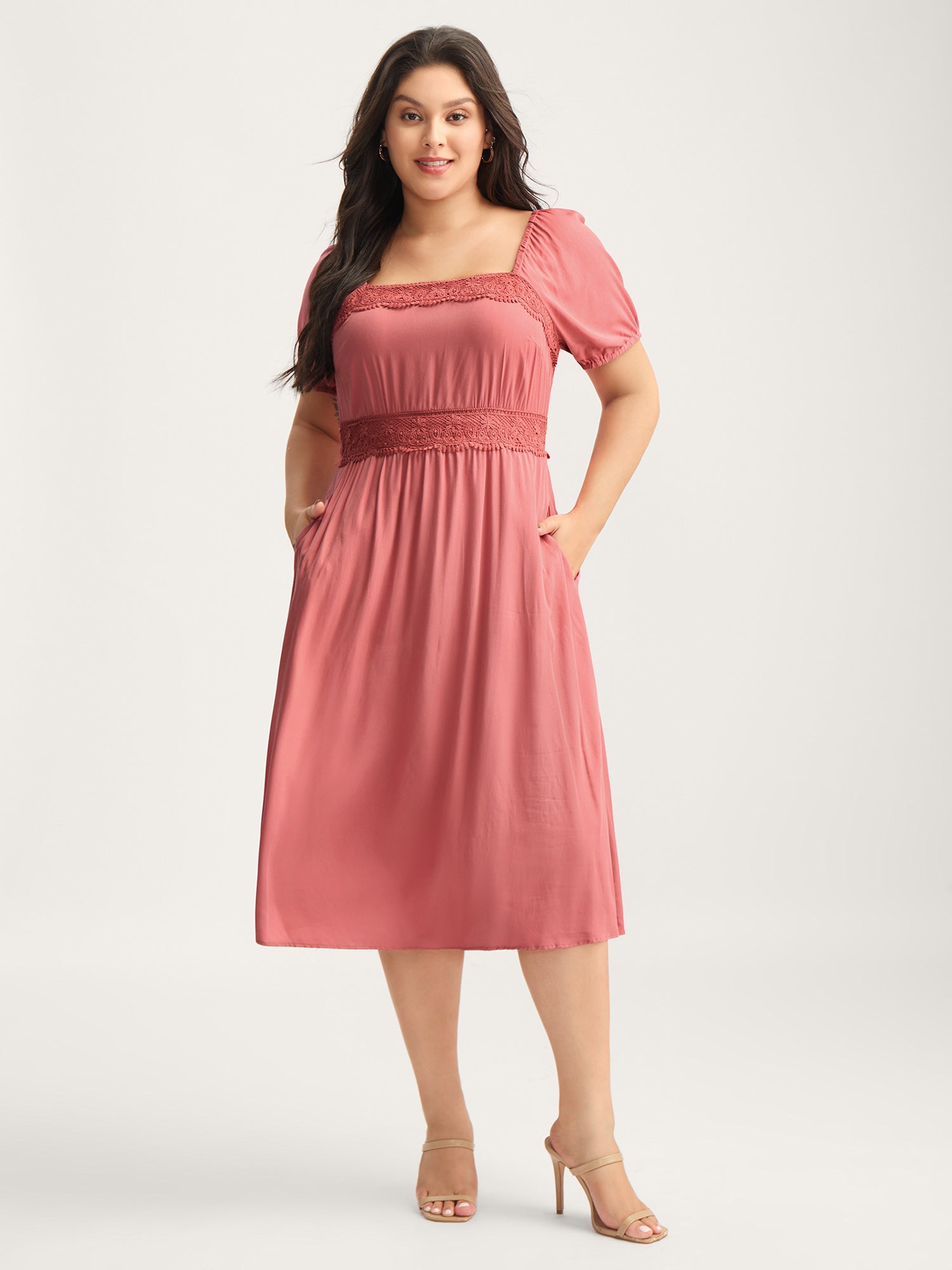 Lace Trim Stretchy Waist Pockets Midi Dress