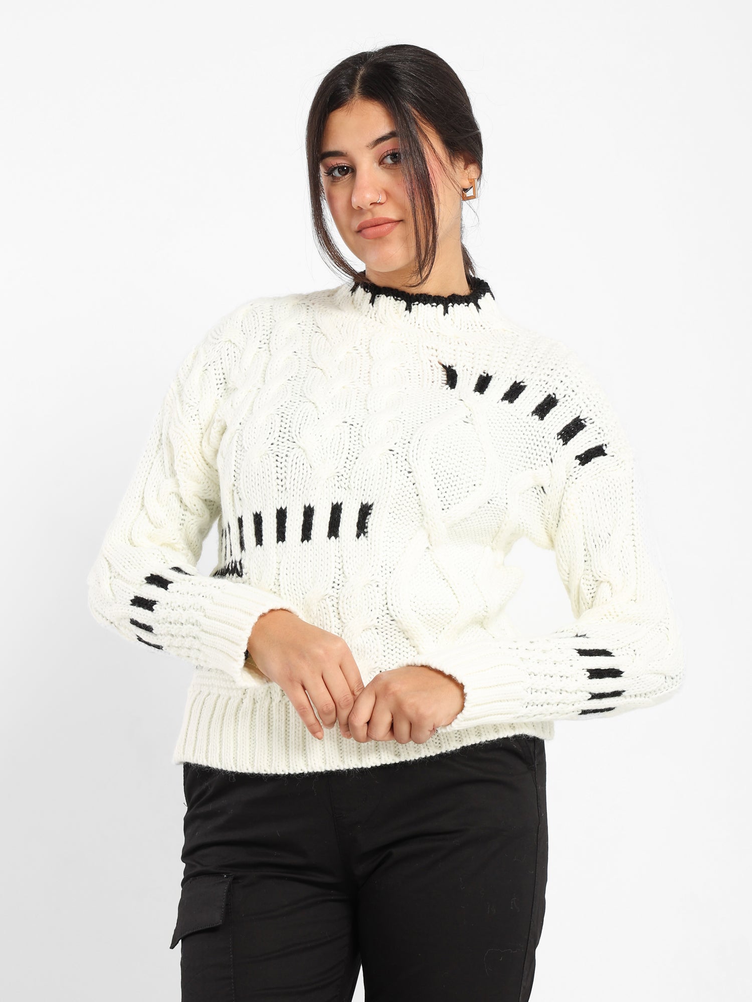 Mixed Knit Sweater with Contrast Trim