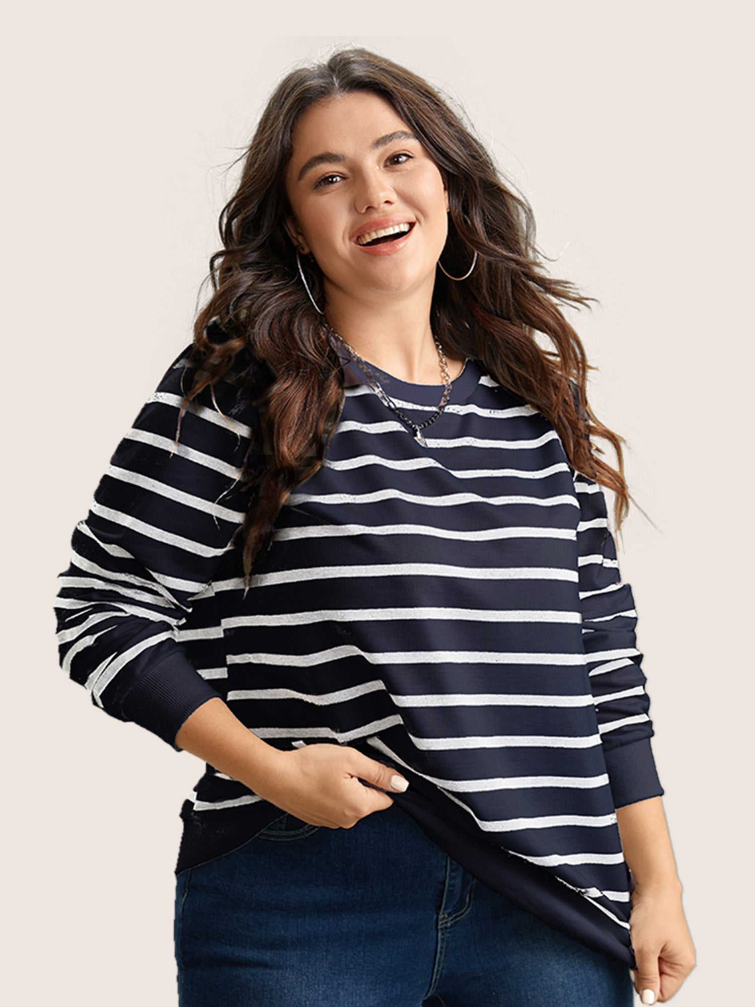 Rib Knit Striped Round Neck Sweatshirt