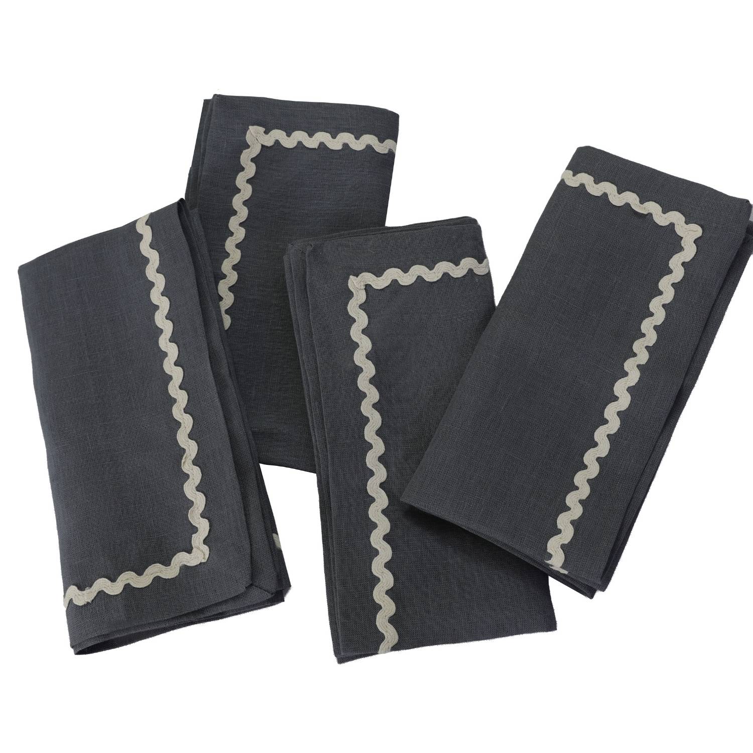 Charcoal Gray Rick Rack Lace 100% Linen Napkins