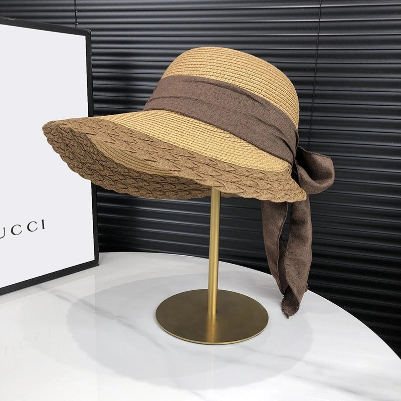 Women's Minimalist Classic Style Color Block Bowknot Flat Eaves Straw Hat