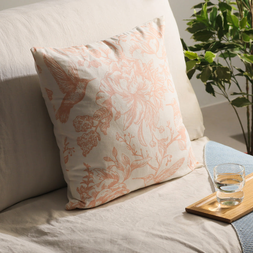 Peony Printed Cotton Cushion Cover - Peach White