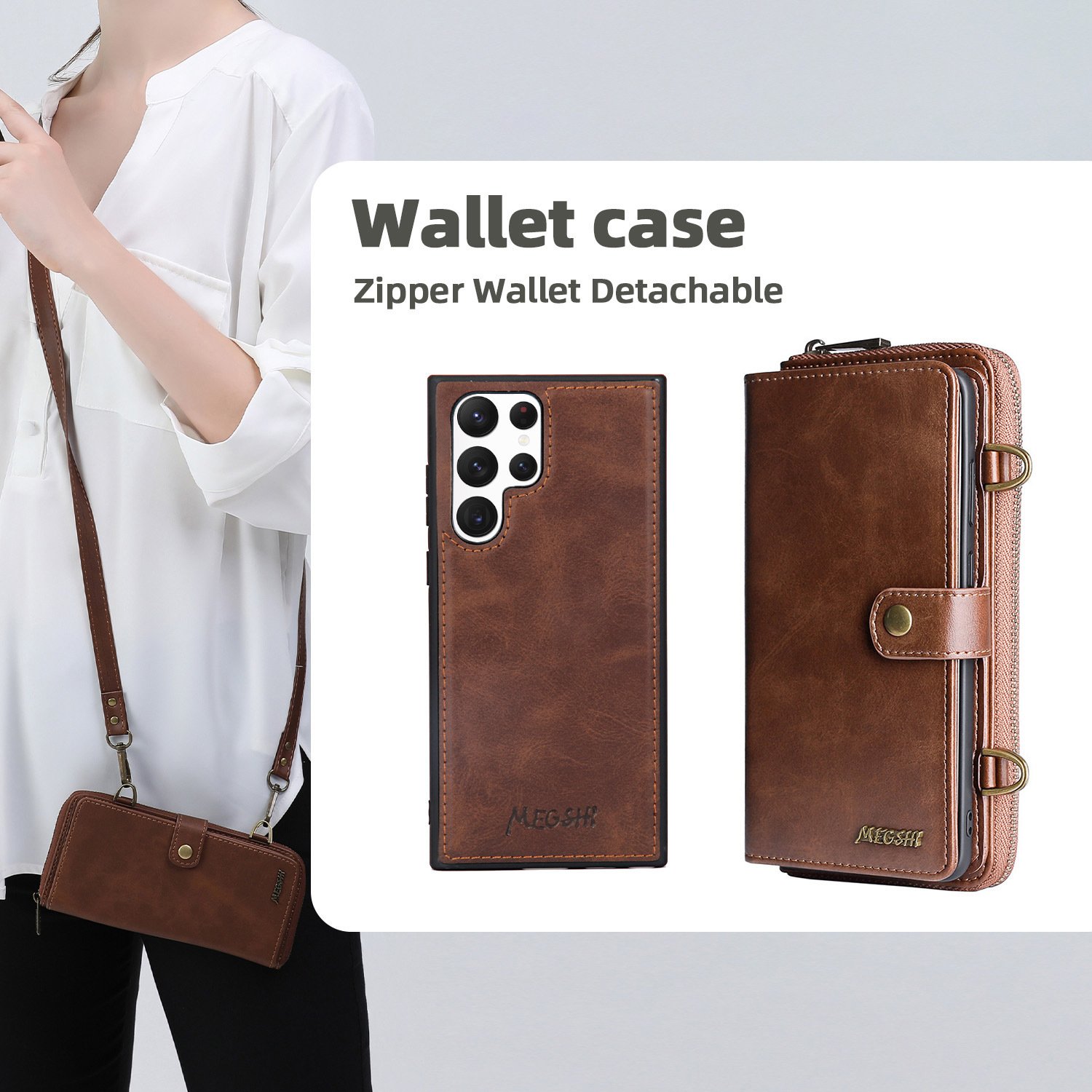 3-in-1 Crossbody Strap Leather All-inclusive Protective Cover With Zipper Wallet For Samsung