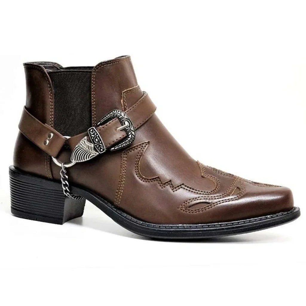 Men's Vintage Leather Cowboy Boots – Ankle Strap, Buckle, Motorcycle Style