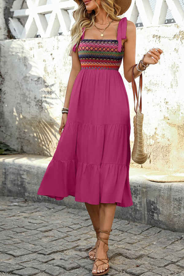 Bohemia Print Fashion Tie Shoulder Casual Dress
