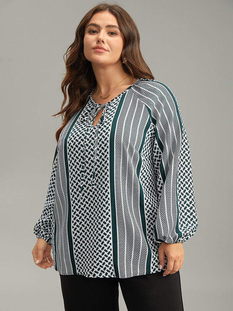 Geo Striped Tie Lantern Sleeve Blouse