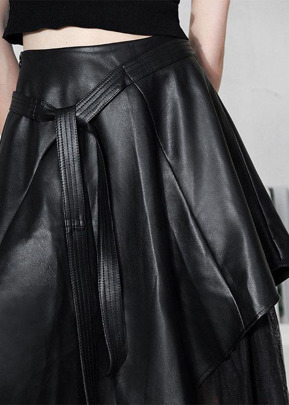 Comfy Black Patchwork Tulle Asymmetrical design PU Skirts