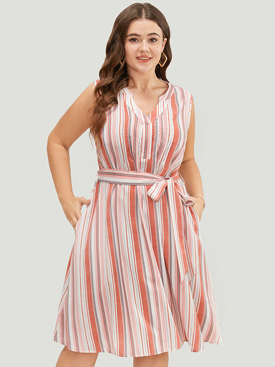 Striped Contrast Belted Pocket Notched Tank Dress