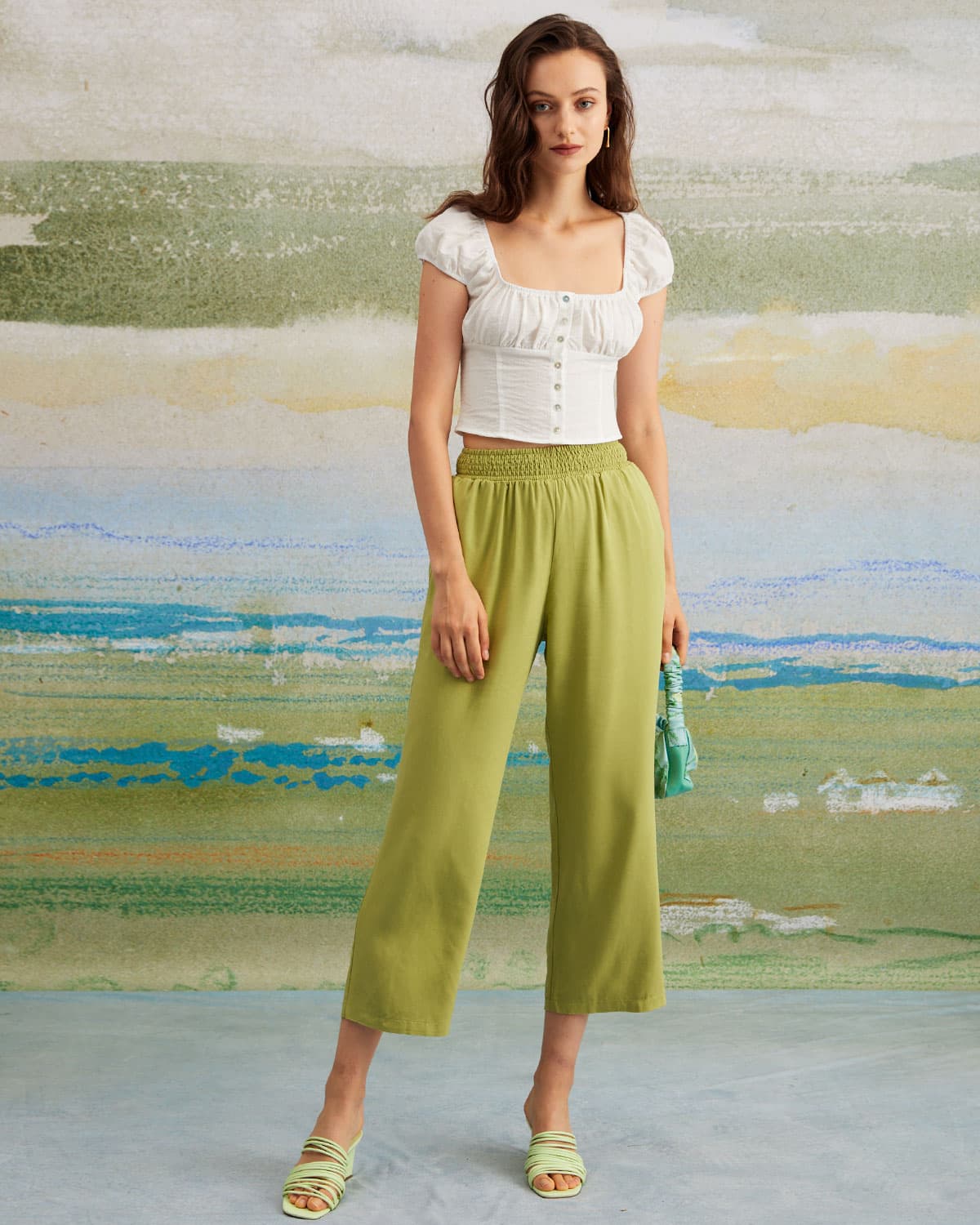 The Green Elastic Waist Straight Ninth Pants