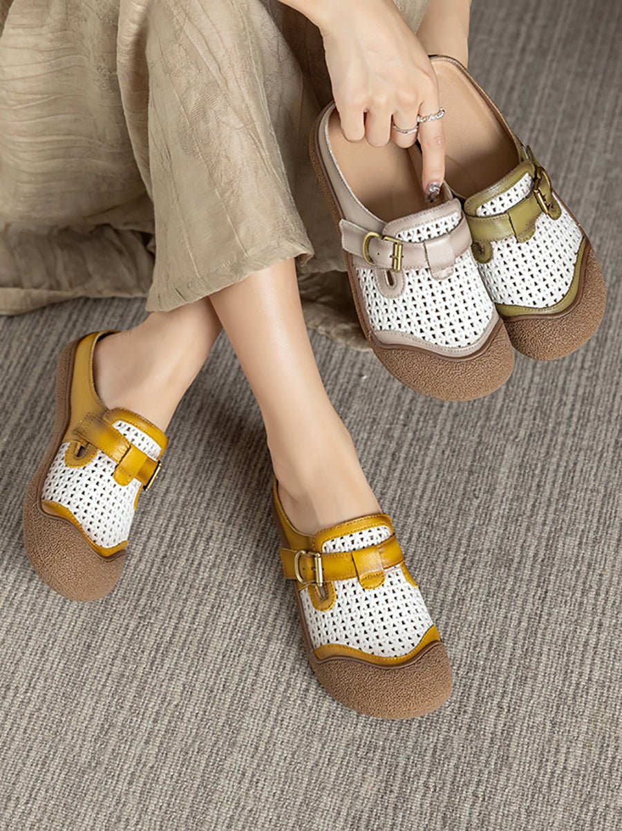 Women Summer Colorblock Leather Flat Slippers