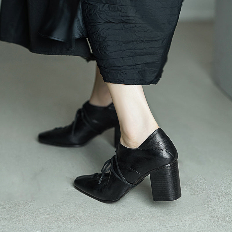 70mm Block Heel Washed Horsehide Leather Ballet-Inspired Lace-Up Pumps in Red/Black