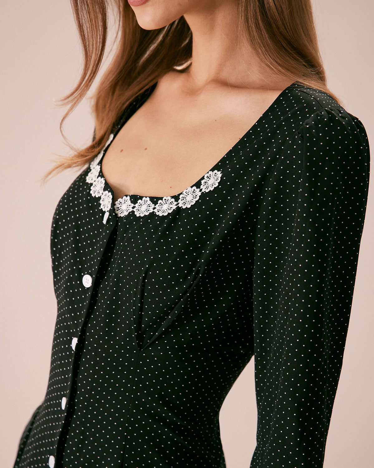 The Black U Neck Polka Dot Lace Midi Dress