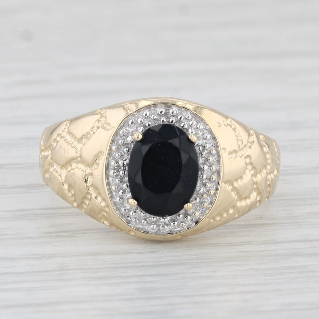 Onyx Diamond Halo Ring 10k Yellow Gold Nugget Band Size 8.75