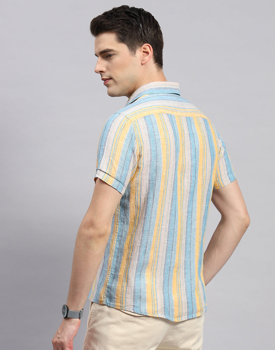 Men Multicolor Stripe Collar Neck Half Sleeve Shirt