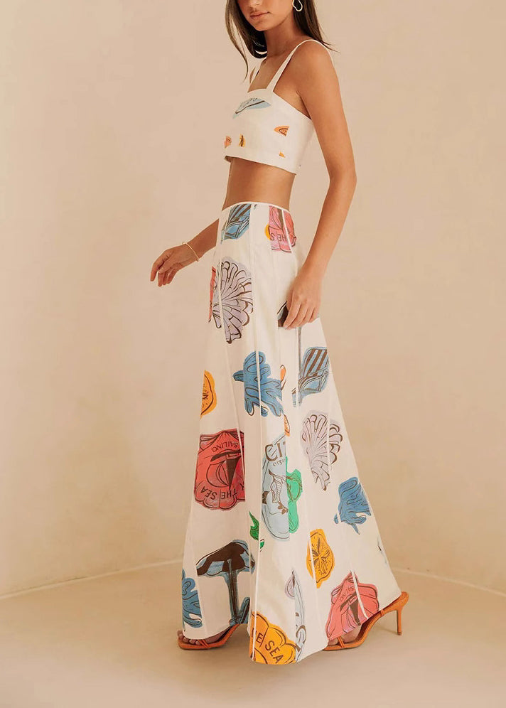 DIY Beige Print Vest And Maxi Skirts Two Pieces Set Summer