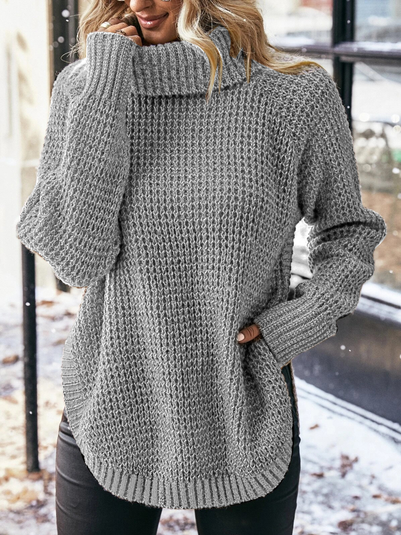 Turtleneck Drop Shoulder Cotton Knit Sweater