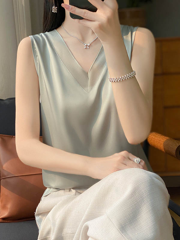 Loose Sleeveless Solid Color V-Neck Vest Top