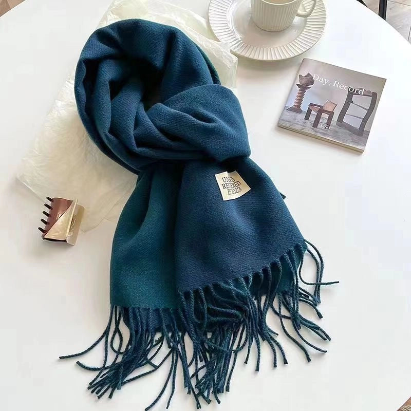 Solid Color Double-sided Tassel Scarf For Women Autumn And Winter New Warm Cashmere-like Scarf Thickened Student Shawl