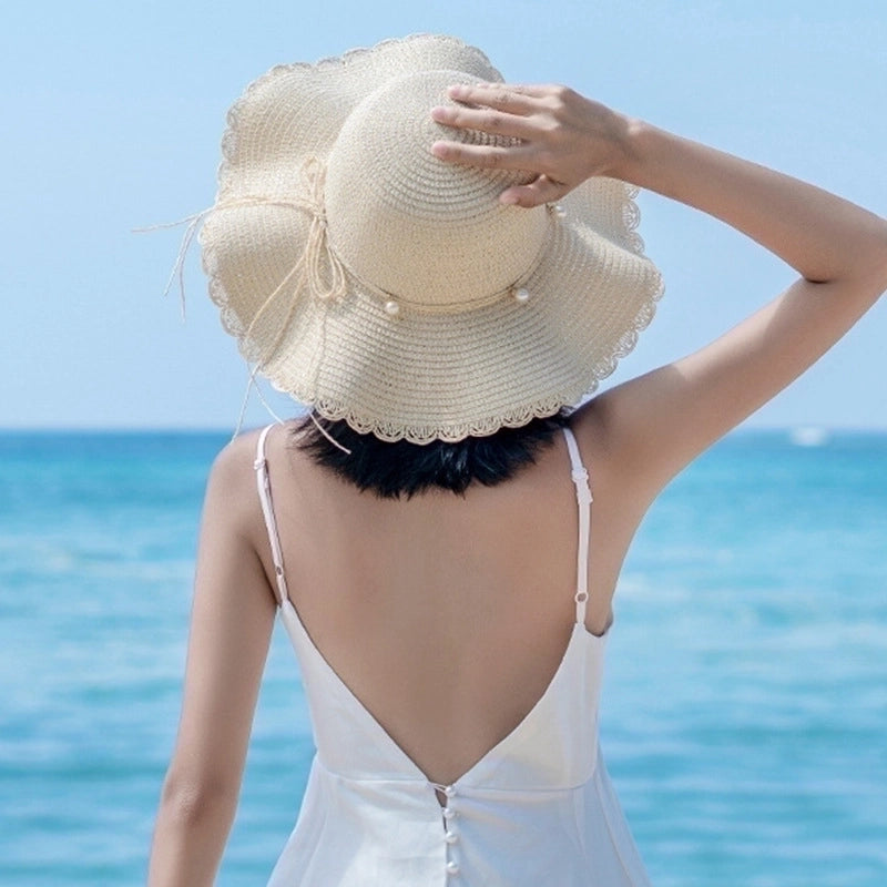 Women's Sweet Pastoral Color Block Bowknot Side Of Fungus Straw Hat