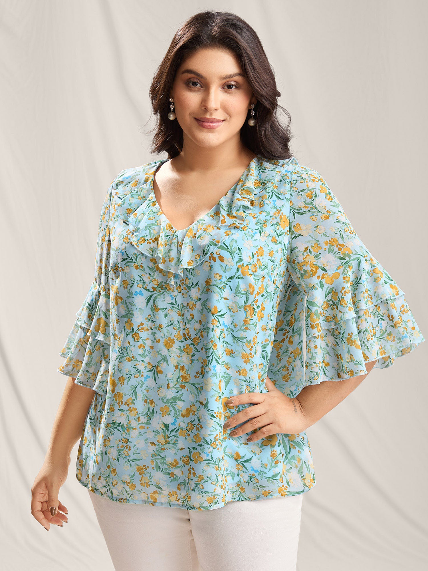 Floral Print Ruffled Layered Sleeve Blouse