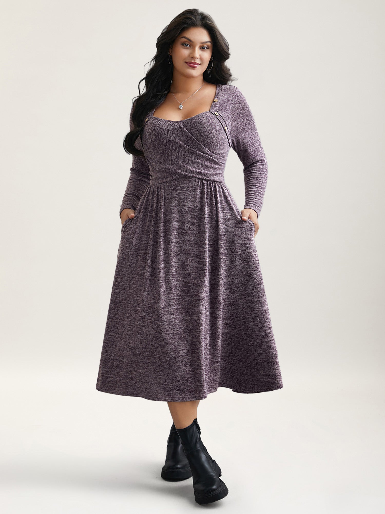 Heart Neckline Button Detailing Crossover Fit Dress