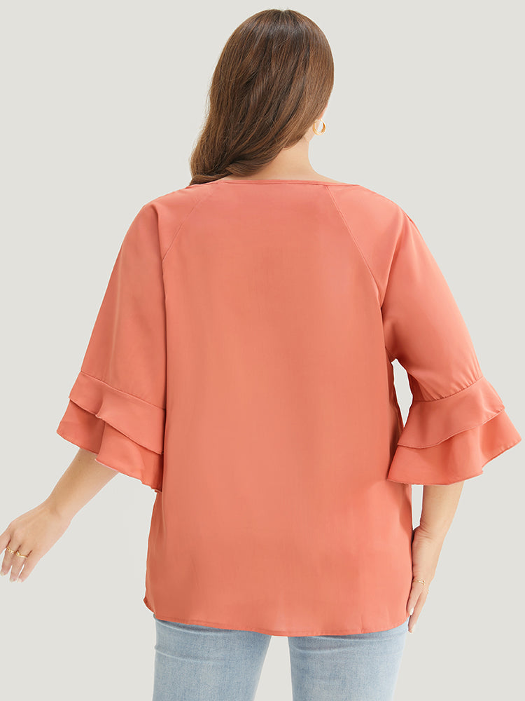 Plain Ruffle Tiered Round Neck Blouse