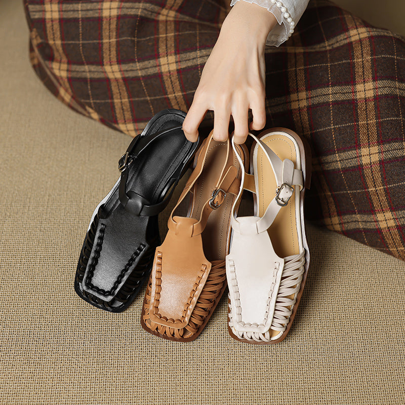 Designer Genuine Leather Fisherman Slingback Sandals T-Strap Woven Gladiator Shoes in Caramel/Beige/Black