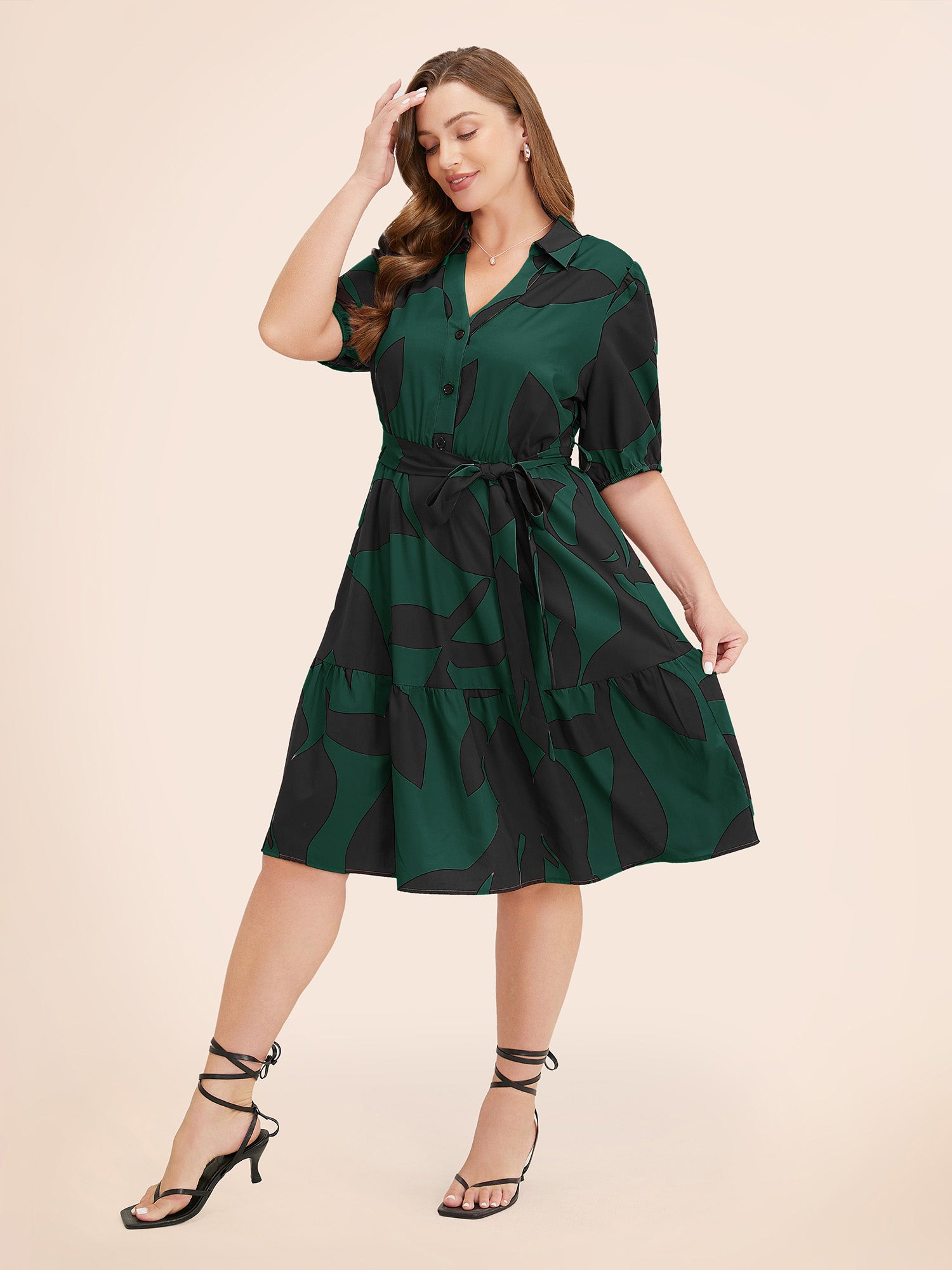 Plant Pocket Puff Sleeve Belt Ruffle Hem Button Up Dress