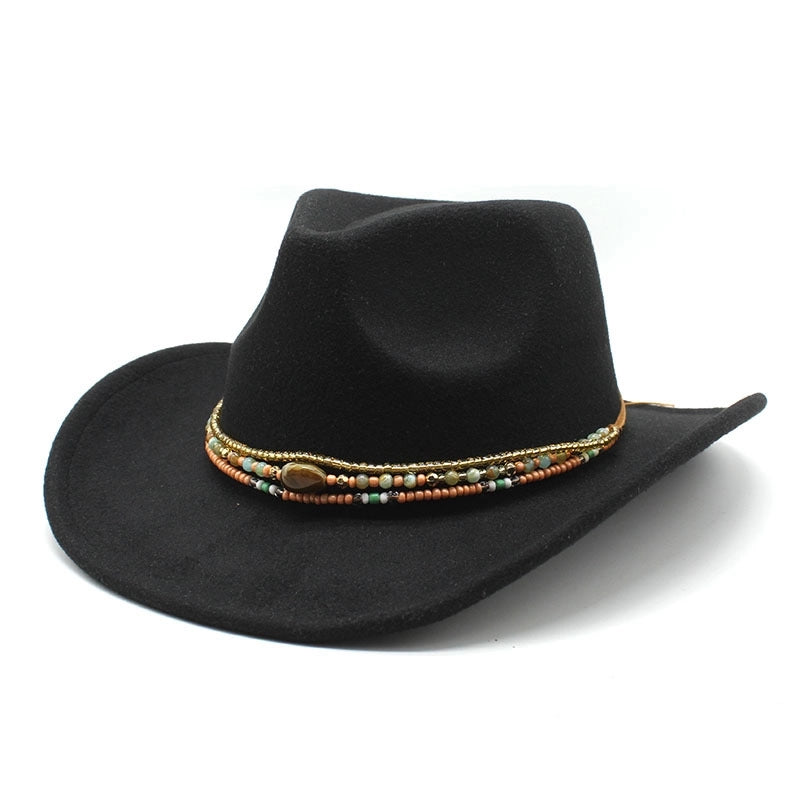 New Curling Cowboy Hat Western Ethnic Style Tibetan Felt Hat Colorful Bead Rope Accessories Knight Hat Fashion