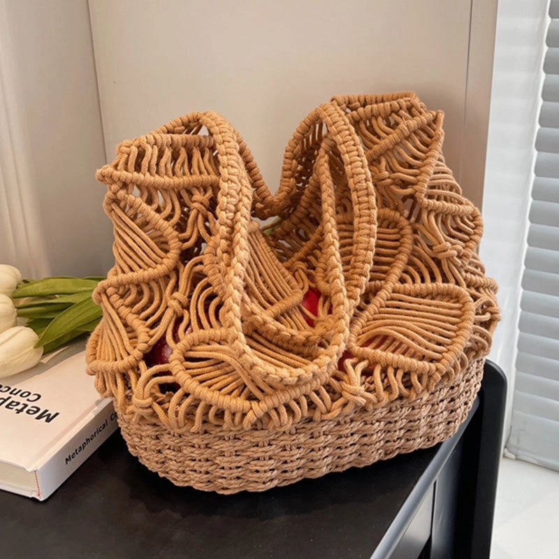 Women's Medium Spring&summer Cotton Solid Color Vacation Bucket Open Tote Bag