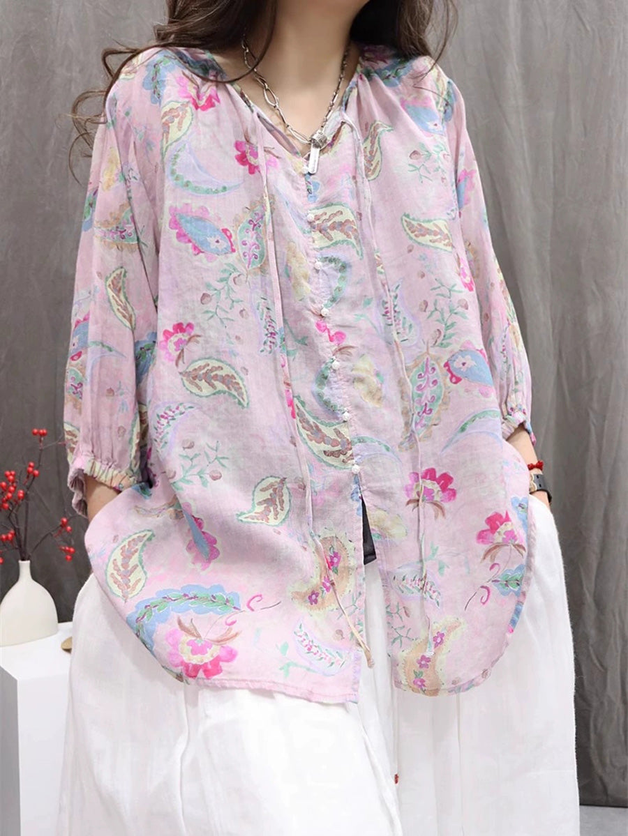 Women Summer Vintage Flower Hooded Ramie Shirt