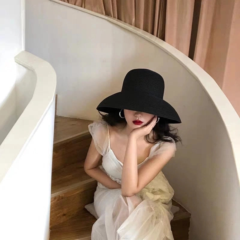 Elegant  Hepburn Style Hat Black Small Brim Straw Hat Women's Summer Beach Sunshade Hat Sunscreen Sun Hat