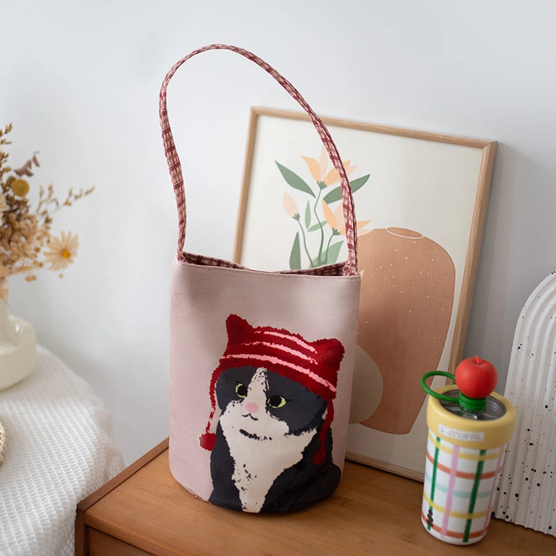 Women's Small Polyester Cat Streetwear Sewing Thread Cylindrical Hidden Buckle Handbag