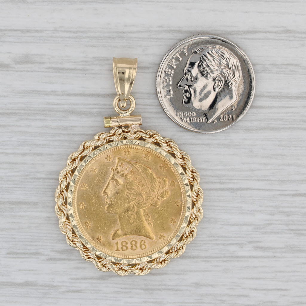 Authentic 1886 5 Dollar Liberty Coin Pendant 14k Bezel 900 Coin Yellow Gold