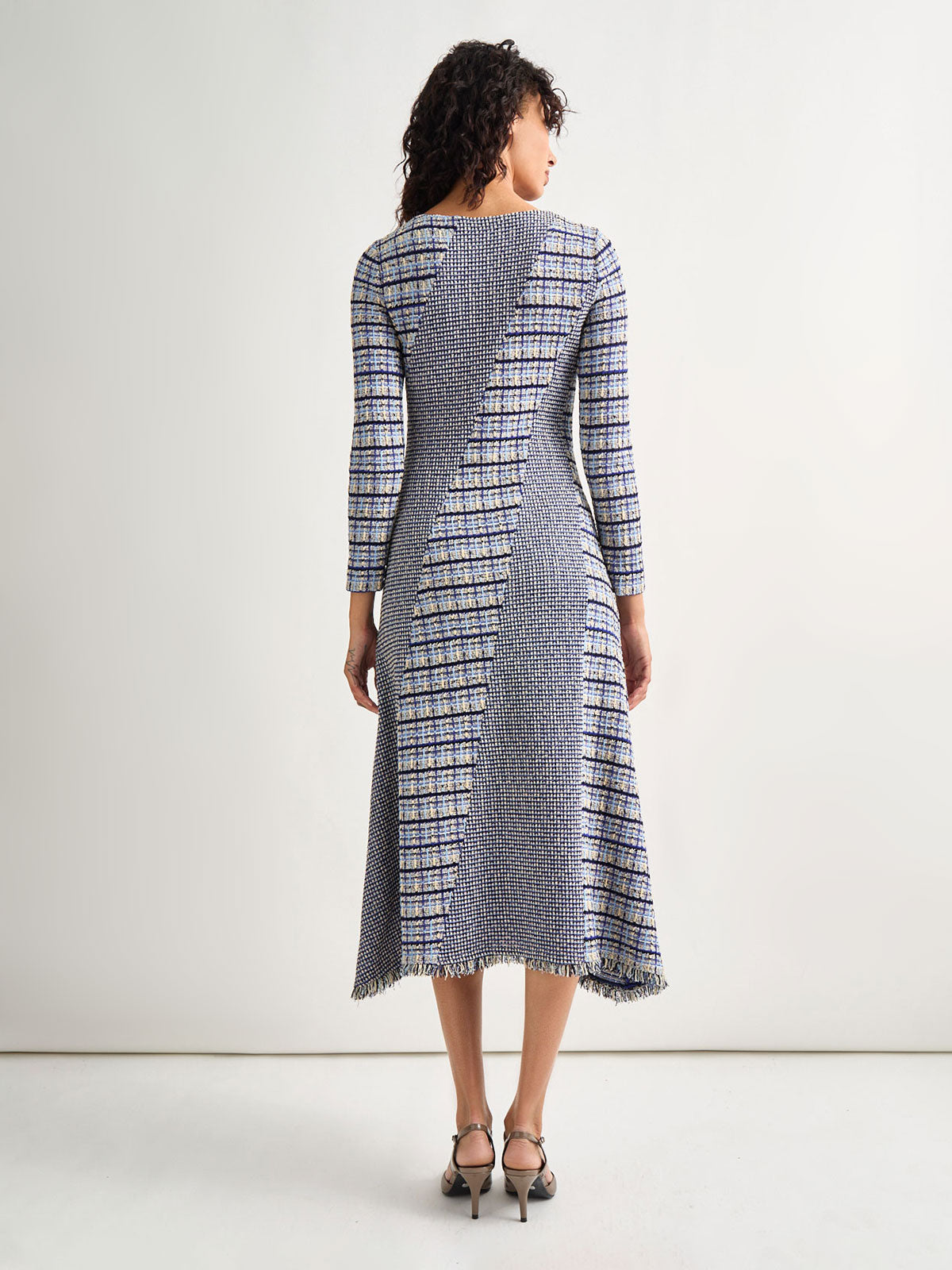 Fit-and-Flare Multi-Stitch Tweed Maxi Dress