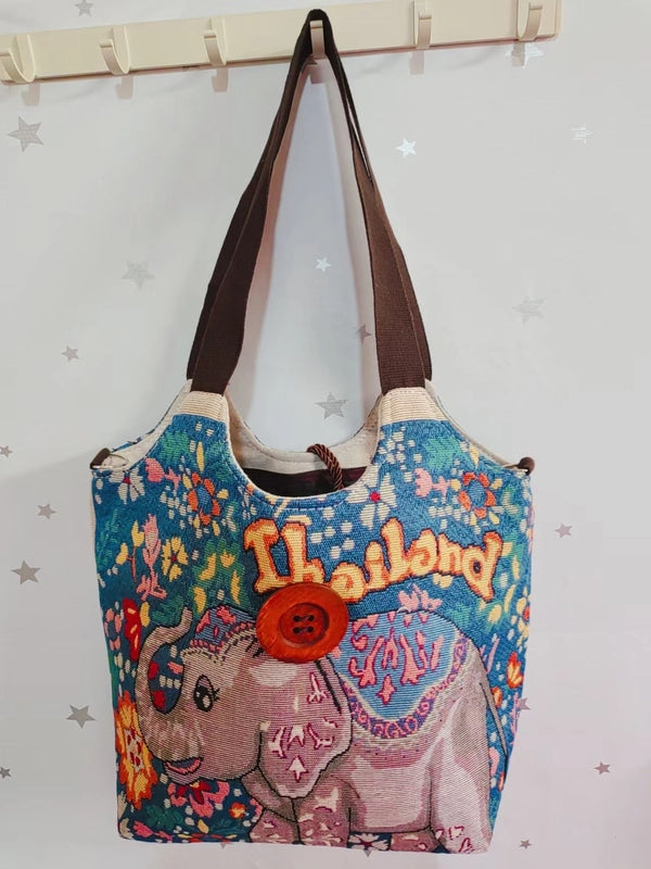 Women's Large Canvas Elephant Ethnic Style Square Zipper Shoulder Bag