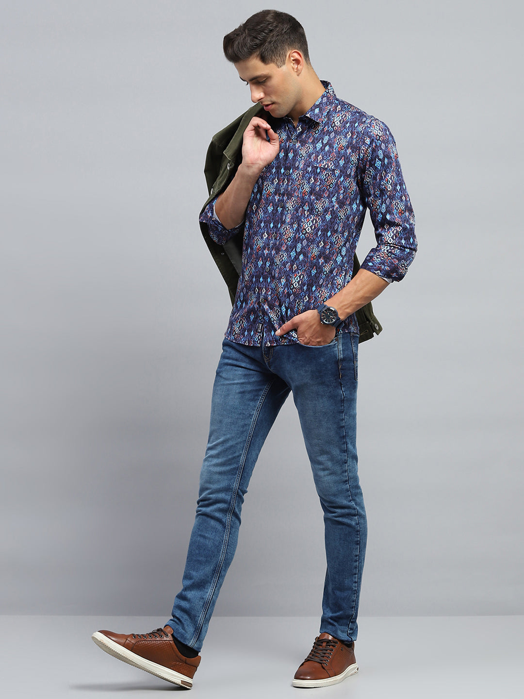 Men Blue Printed Collar Full Sleeve Shirt